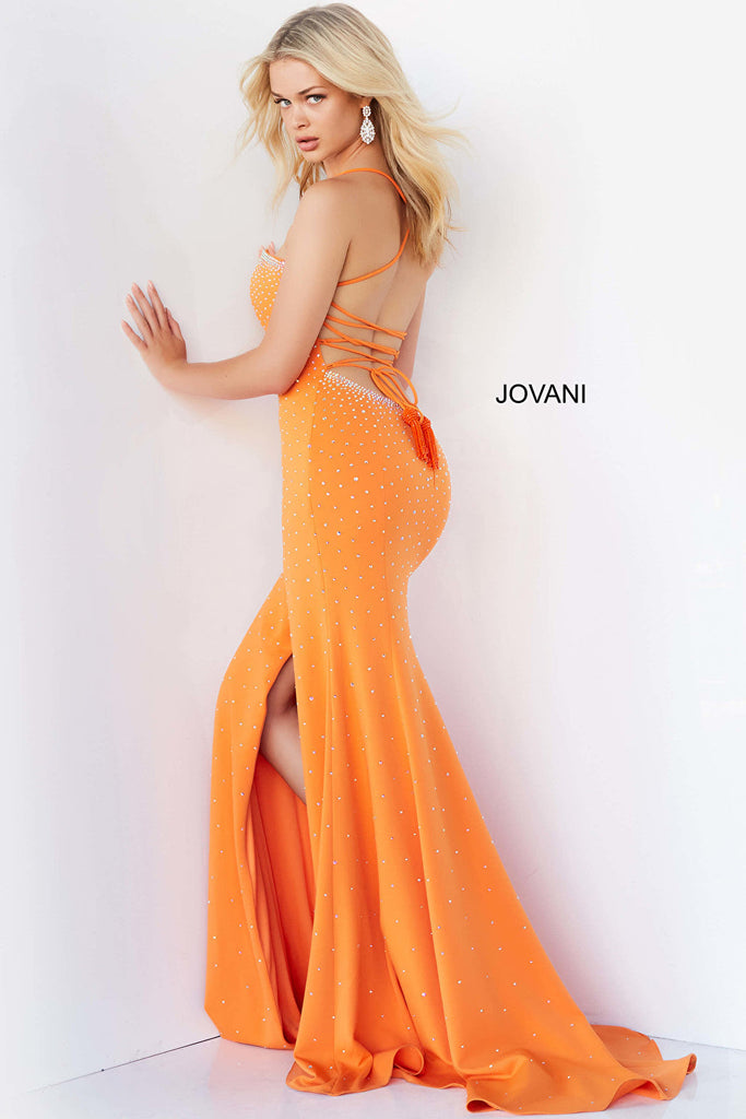 Orange lace up back sheath dress Jovani 07383