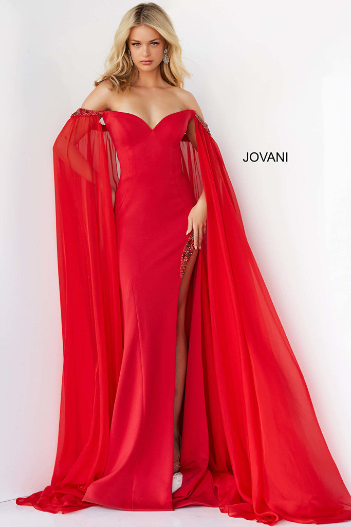Off the shoulder red gown Jovani 07652