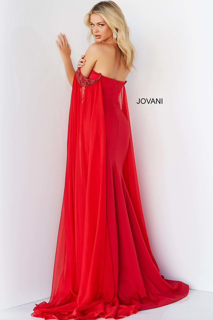 Long chiffon tails red gown Jovani 07652