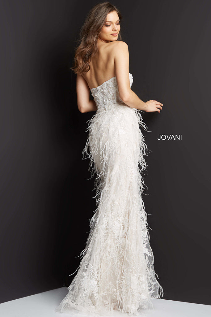 Off white feather skirt prom gown 07914