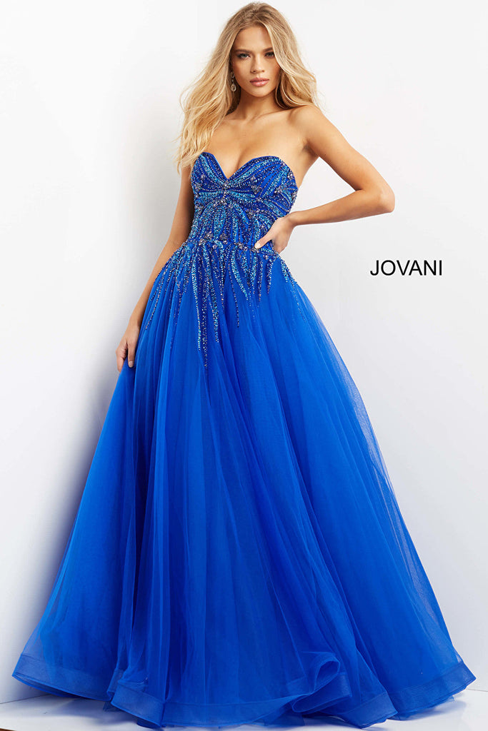 Beaded bodice blue prom ballgown 07946