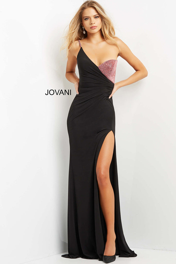 Fitted long black and pink prom dress 09021