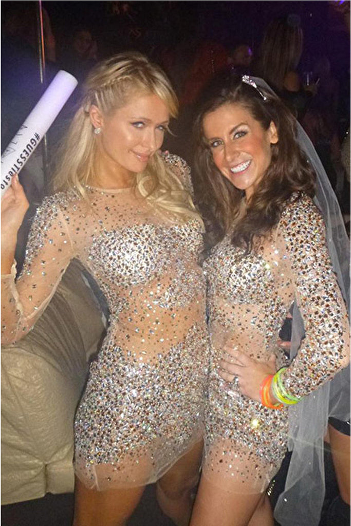 Paris Hilton wearing a sheer Jovani dress