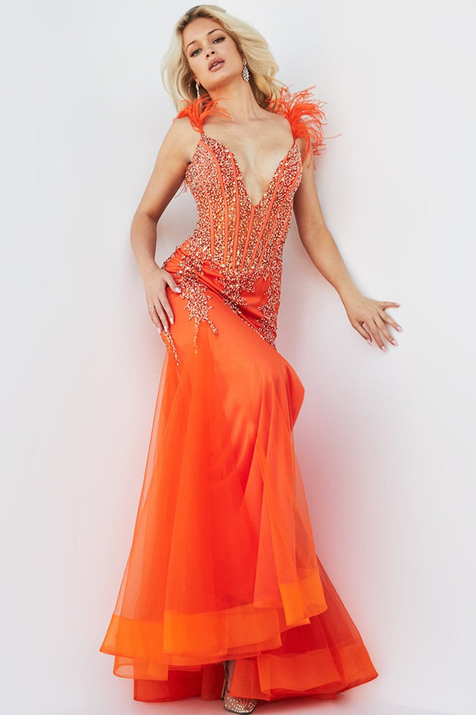 orange v neck dress 22540