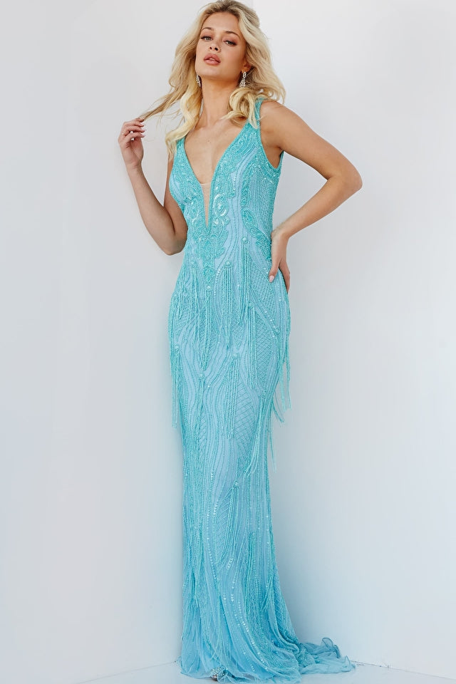 turquoise sequin prom dress Ava Presley 47217 Long Formal Fitted Beaded complete with a high front slit Clarisse 810489 Dark Turquoise Prom Late-Night Look For