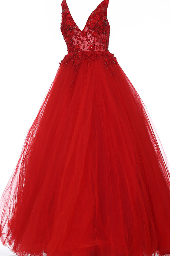 Red V neck embellished ballgown 3110