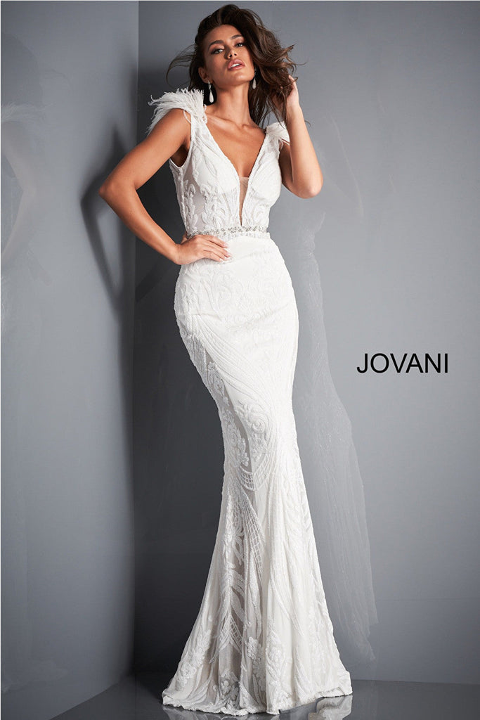 White embellished belt prom dress Jovani 3180
