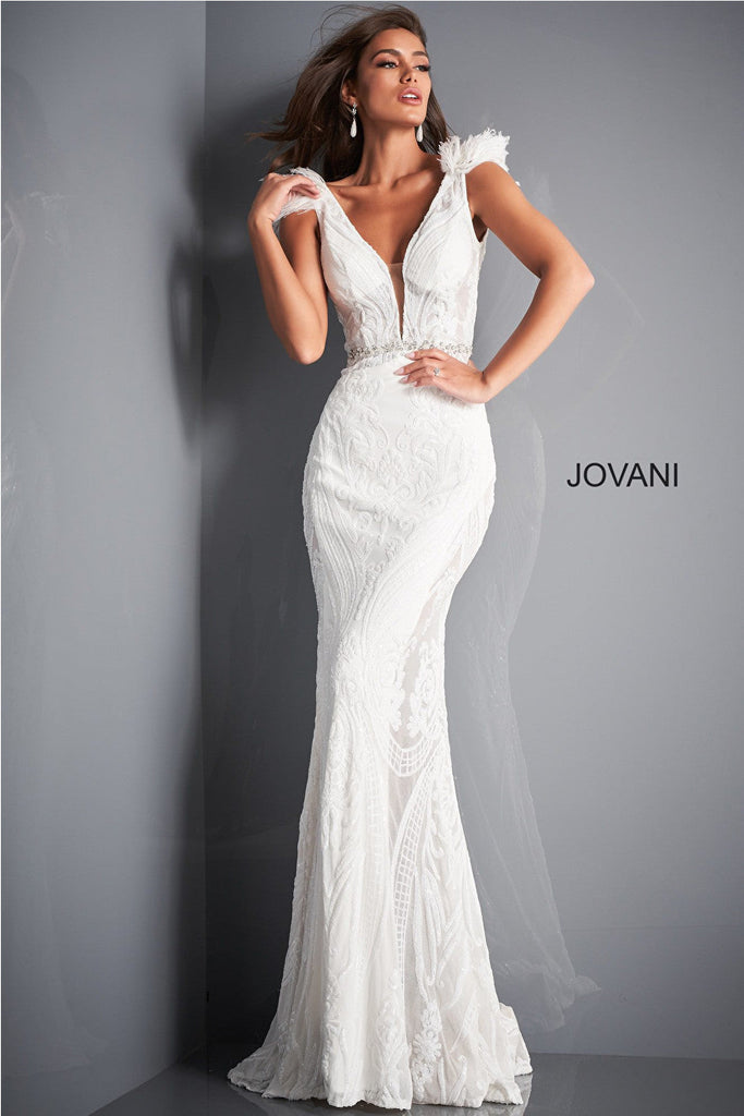 White plunging neck Jovani prom dress 3180