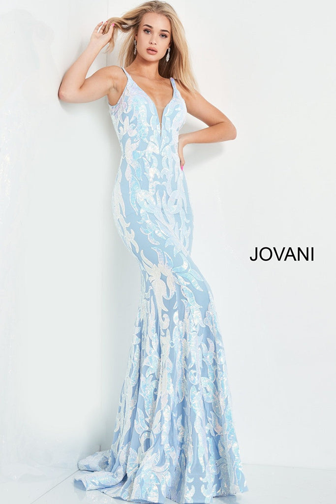 Form fitting light blue Jovani prom dress 3263