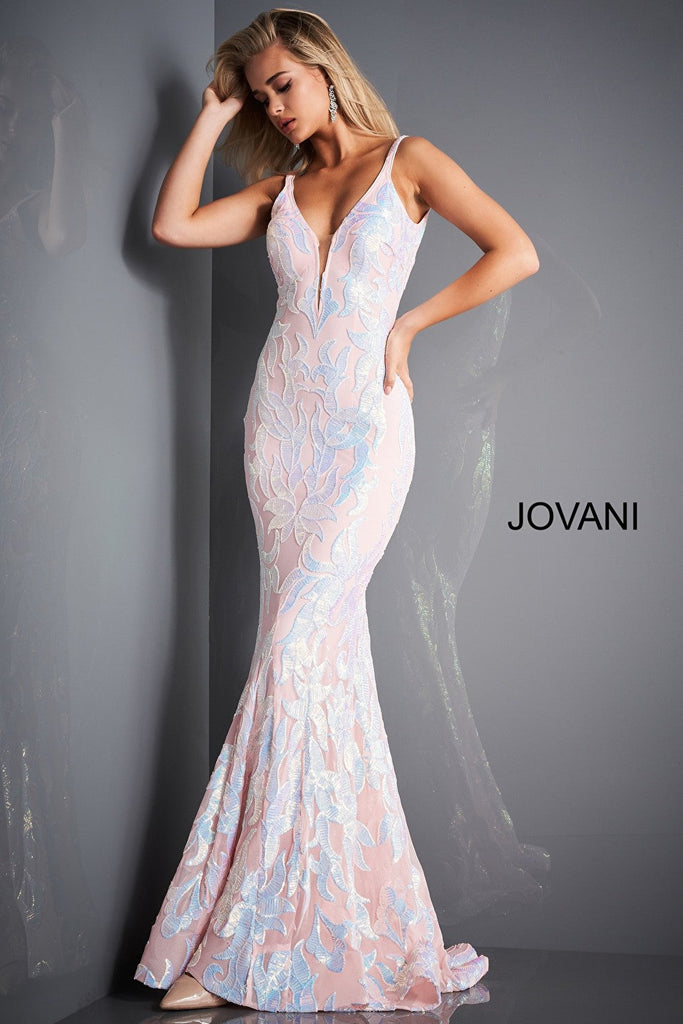 Light pink plunging neck Jovani prom dress 3263