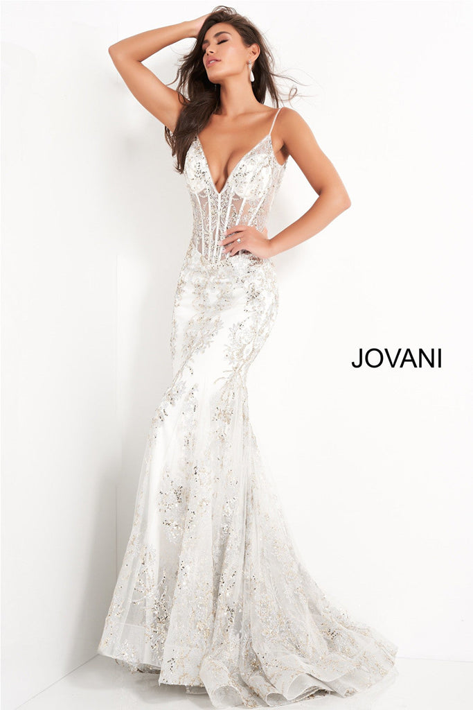 White gold silver mermaid prom dress Jovani 3675