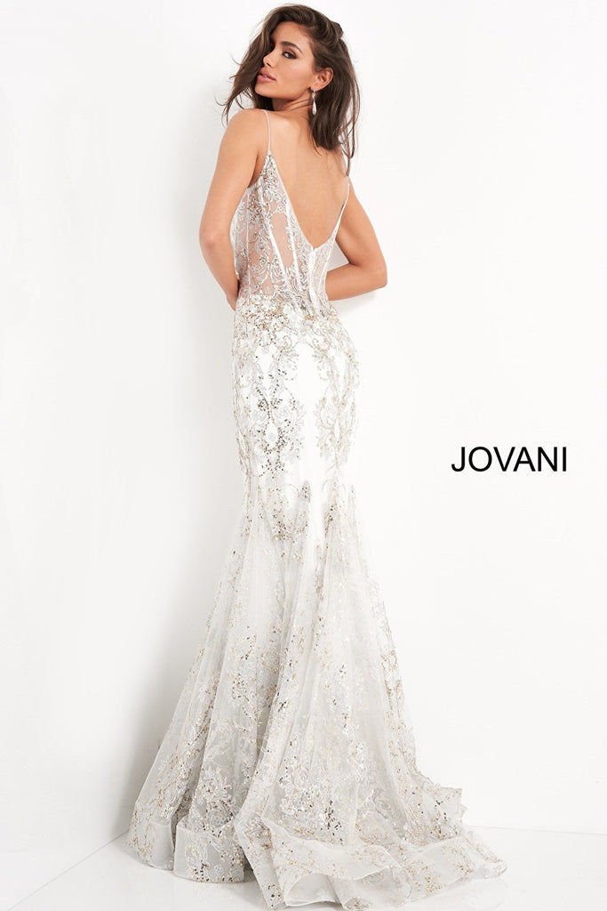 Sheer bodice white gold silver prom dress 3675