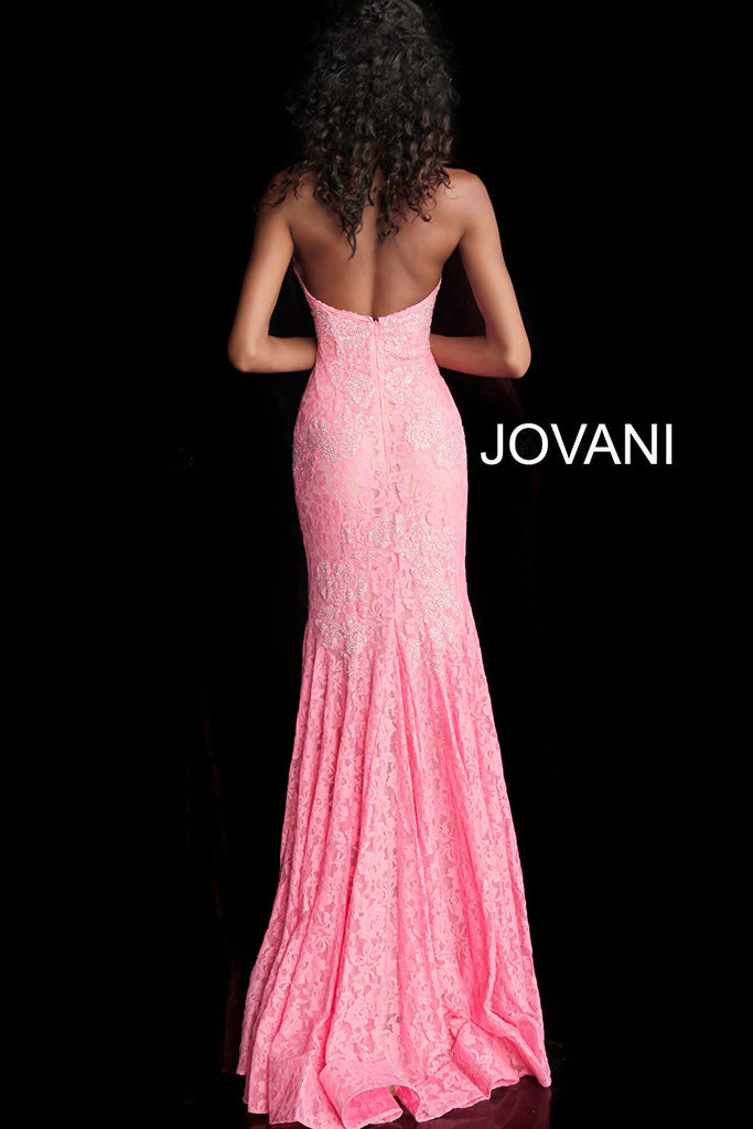 Bright pink embellished lace v neck dress 37334