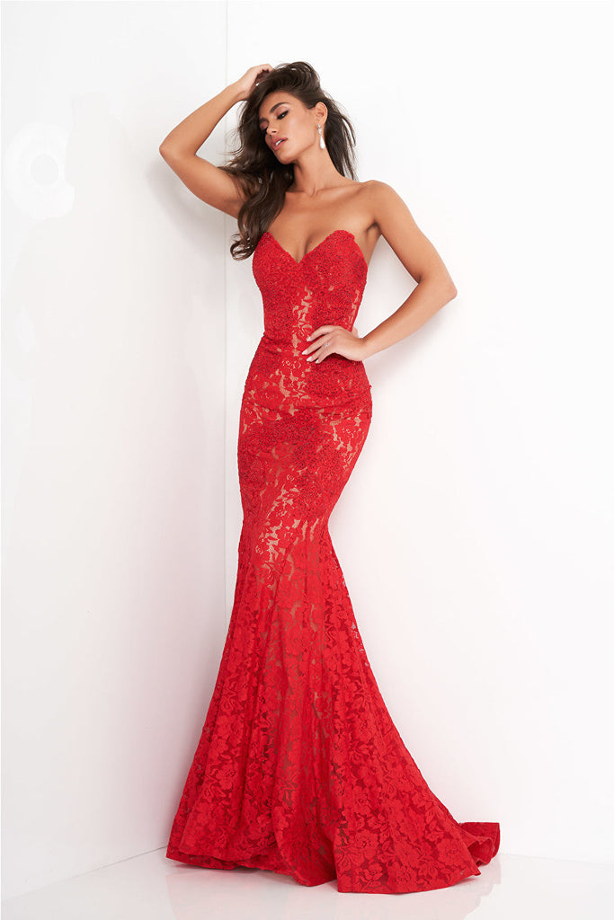 Red strapless Jovani prom dress 37334