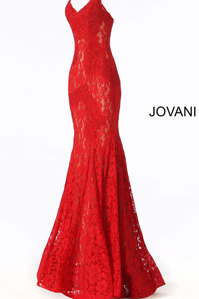 red form fitting with flare bottom lace prom dress 37334