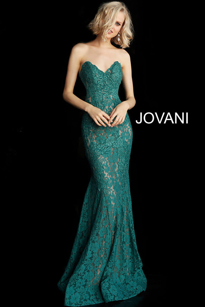 emerald green lace small tail prom dress 37334 front view