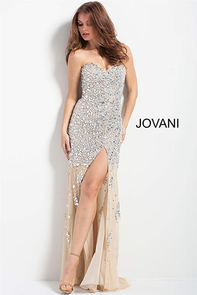 nude silver prom dress 4247 front view