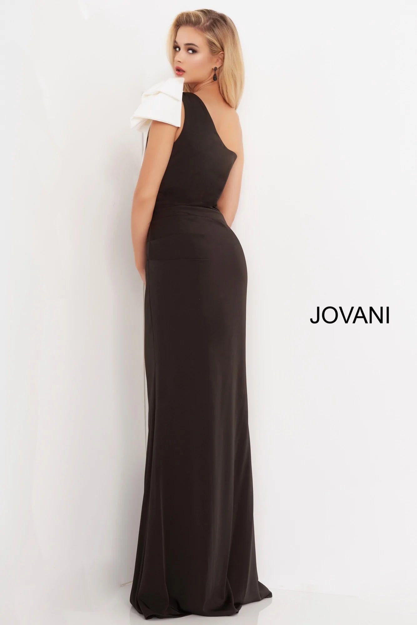 Jovani 4353 Black White One Shoulder Bow Evening Dress Mario Pucci Jovani 4353 Black White One Shoulder Bow Evening Dress Mario Pucci