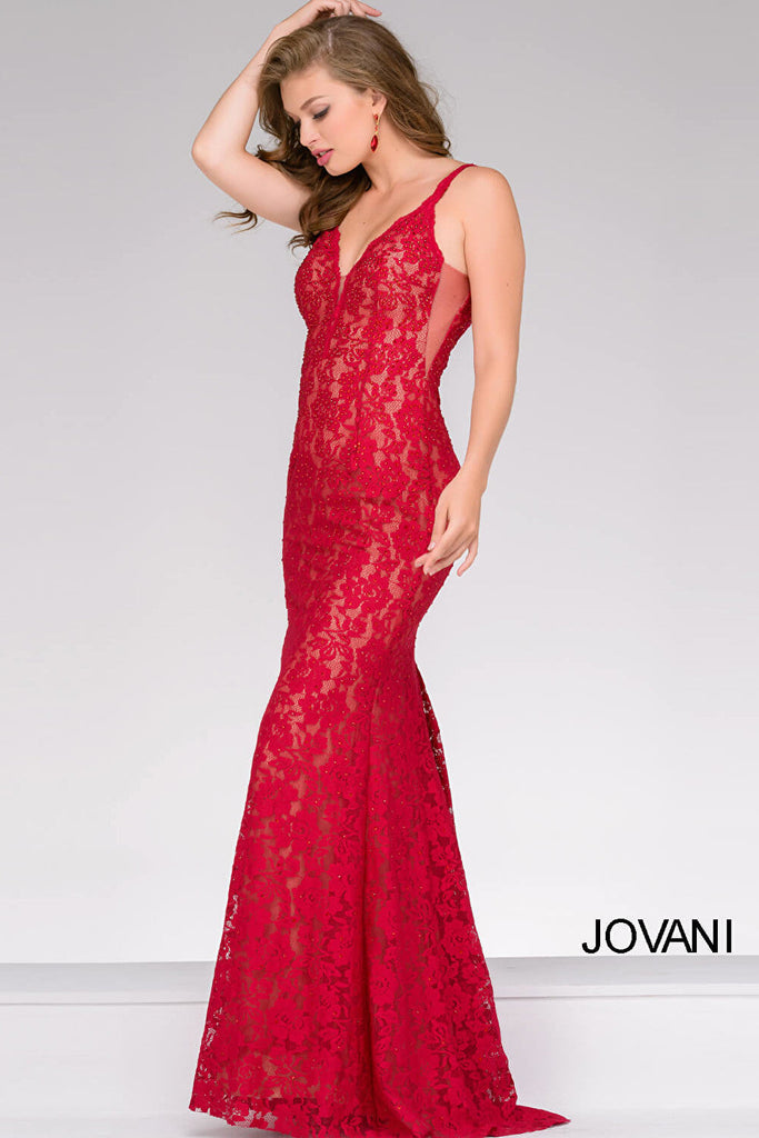 Red embellished lace v neck prom dress 48994