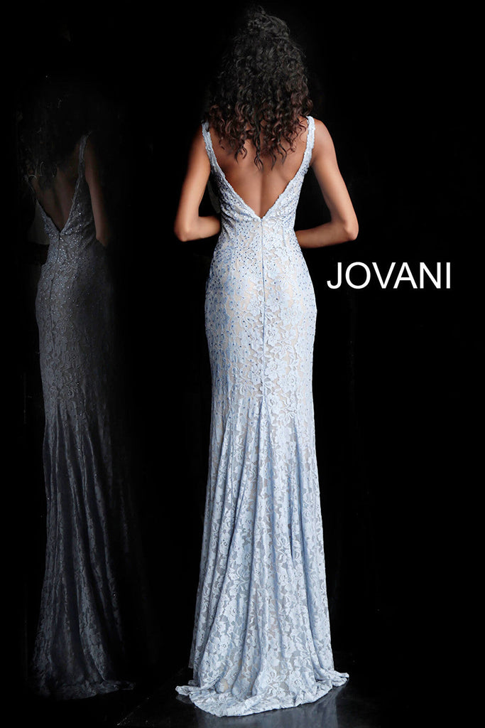 Light blue V back sleeveless prom dress 48994