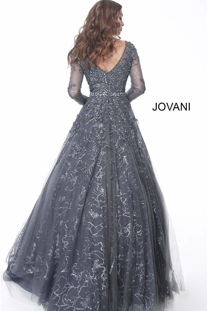 Jovani gunmetal beaded long sleeve evening gown 51838