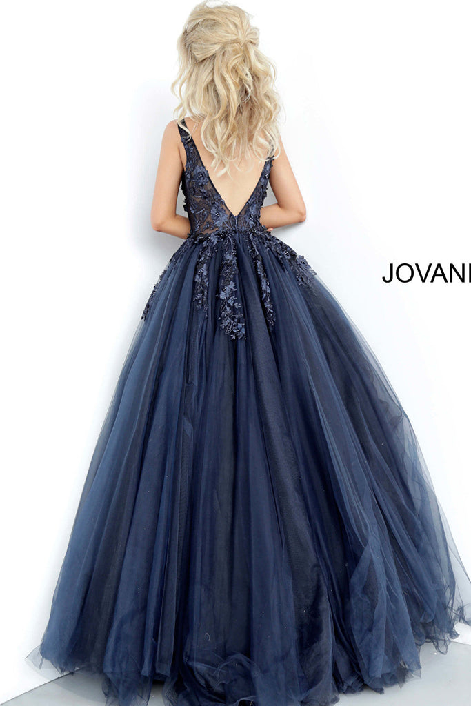 V back navy black sleeveless prom ballgown 55634