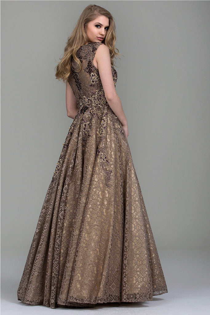 Jovani taupe evening dress 55877 back view