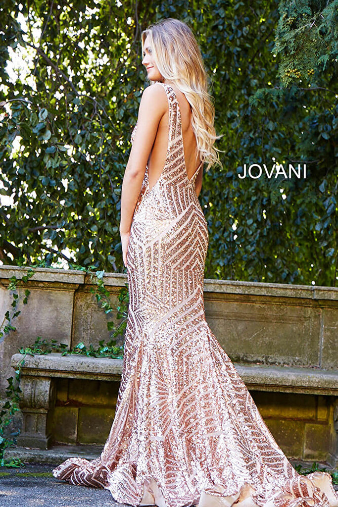 rose gold back view form fitting v neck prom dress 59762