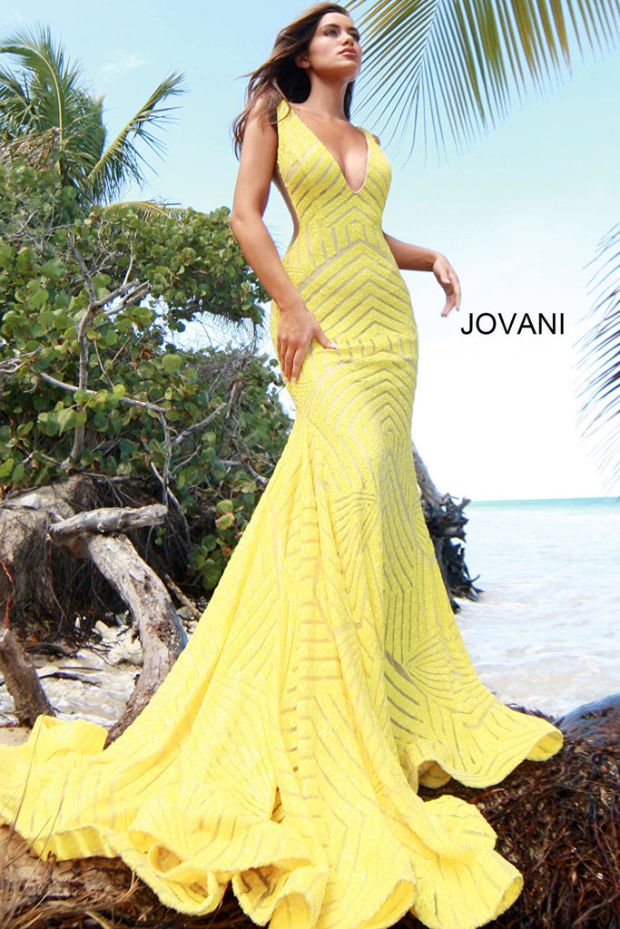 Bright yellow embellished sheath prom dress Jovani 59762