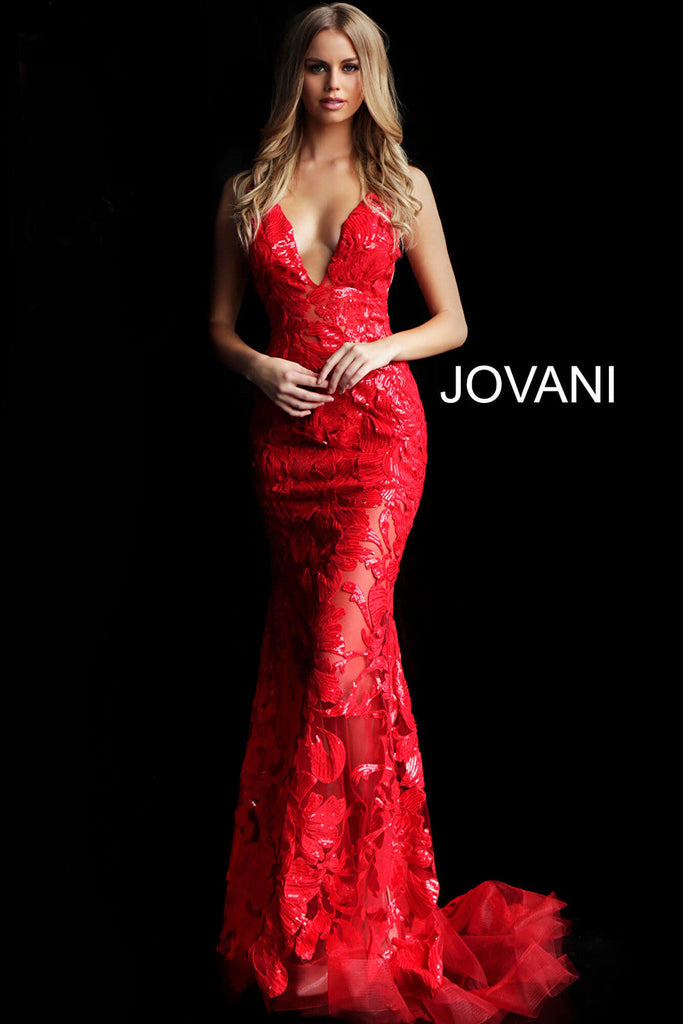 Red sleeveless fitted prom dress with train 60283