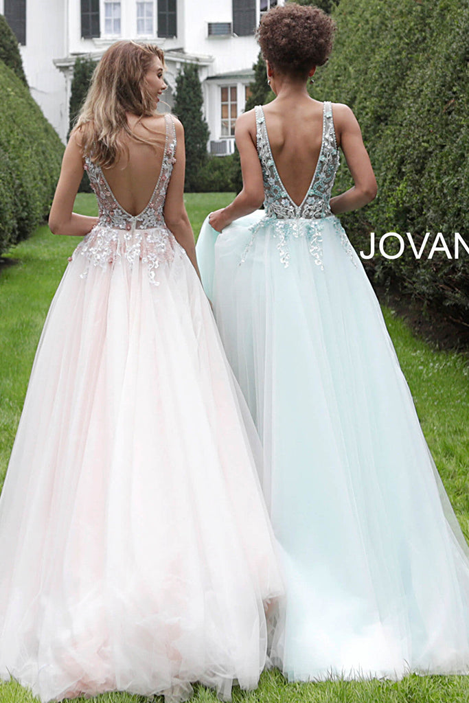 Jovani sheer bodice A-line prom gown 61109