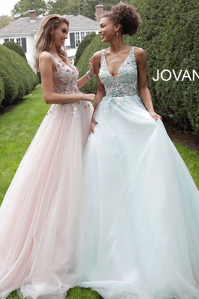 Jovani pastel sheer floral bodice prom dress 61109