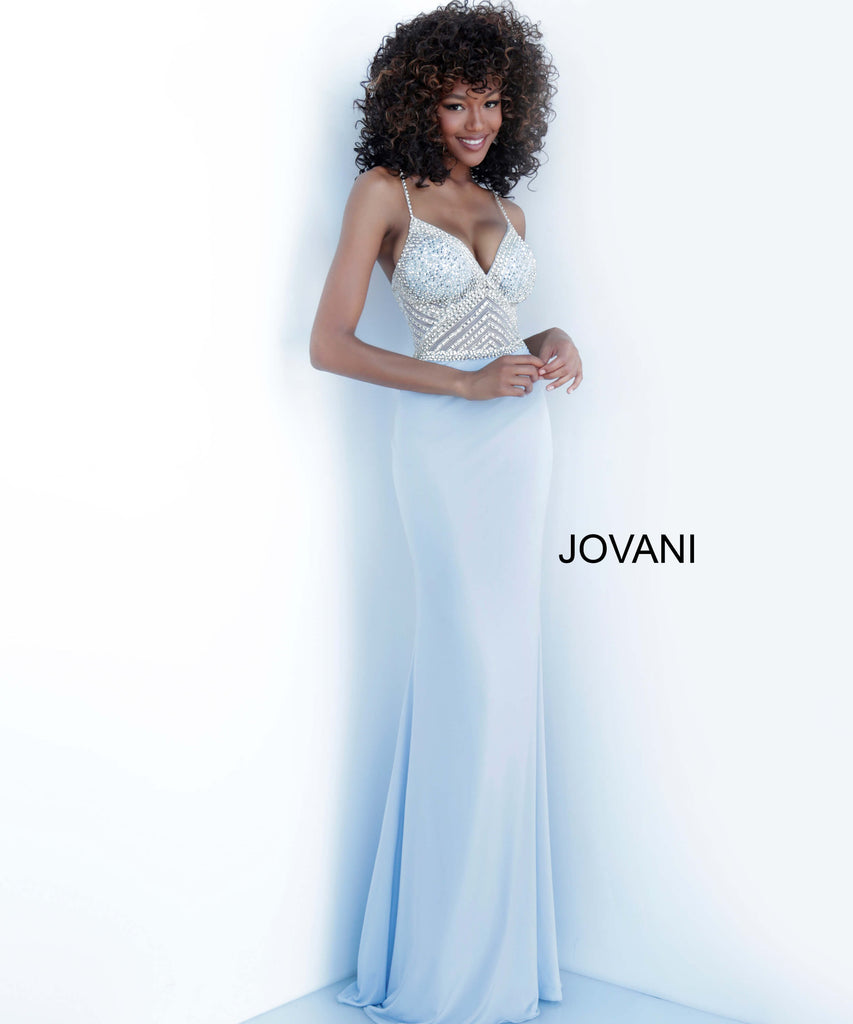 light blue fitted jersey prom dress 63147