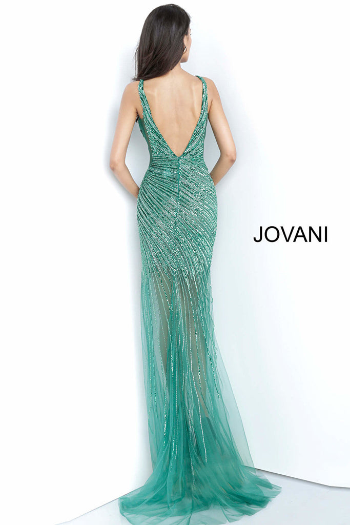 Emerald beaded Jovani dress 63405 back view