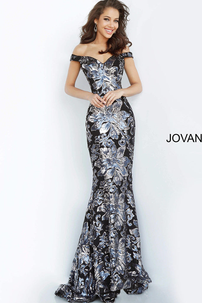 Black gunmetal sweetheart sheath evening Jovani dress 63516