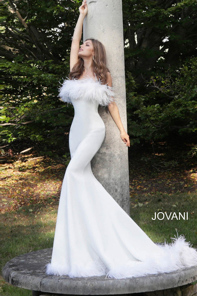 Jovani strapless feather trim wedding gown 63891