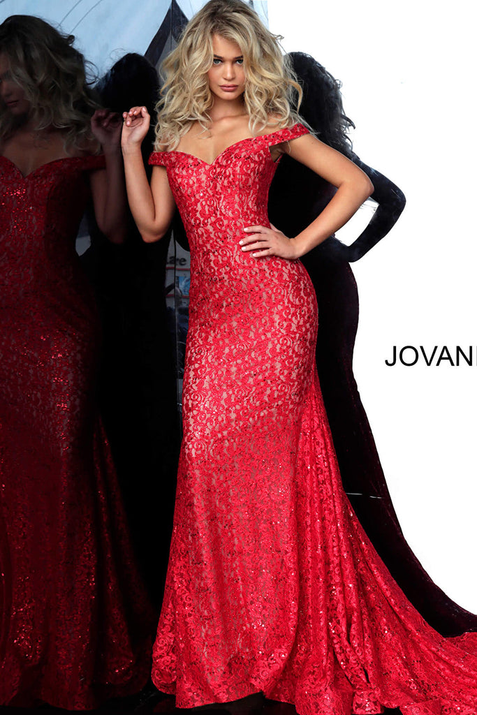 Red embellished lace long dress Jovani 64521