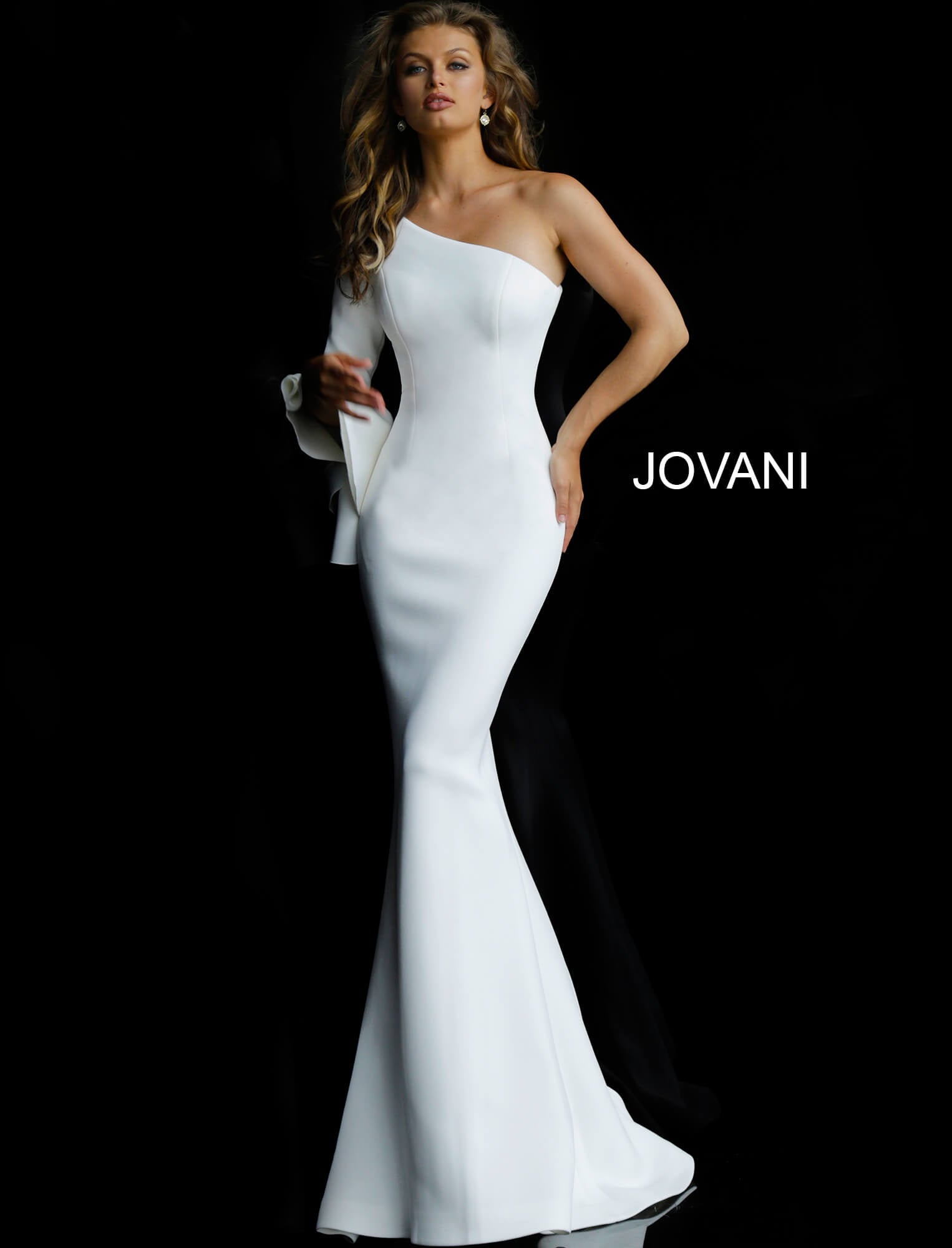 White One Shoulder Long Sleeve Wedding Dress 66821