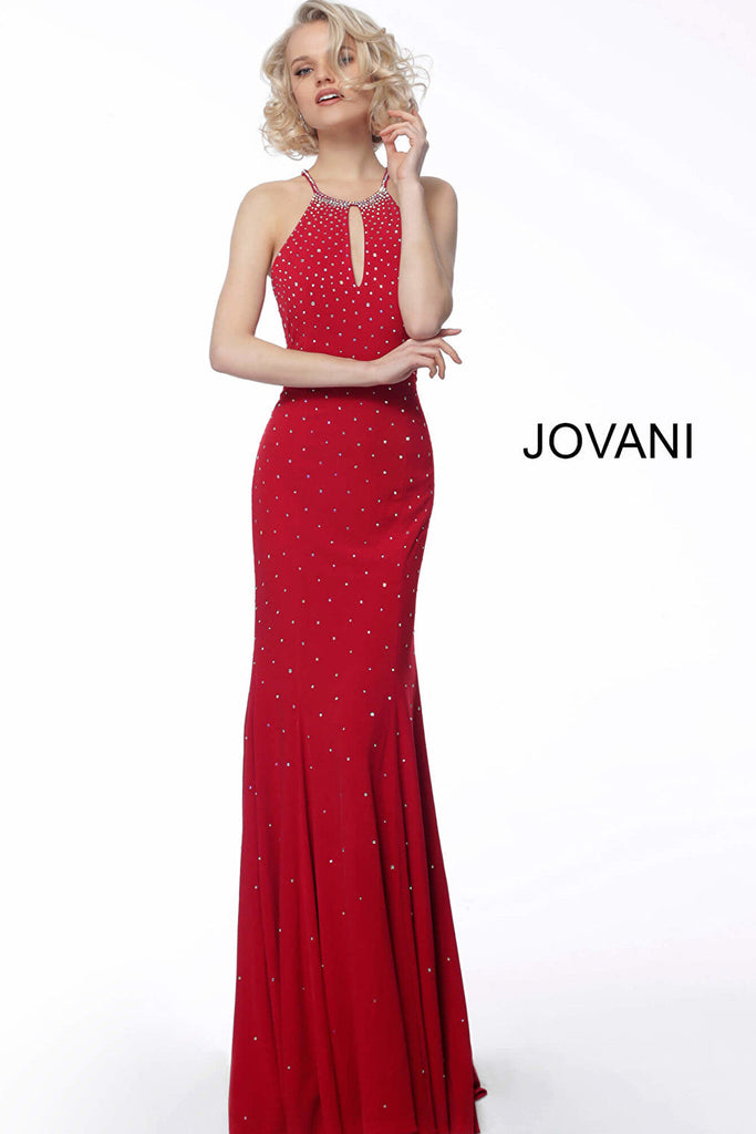 Red key hole neck prom dress Jovani 67101