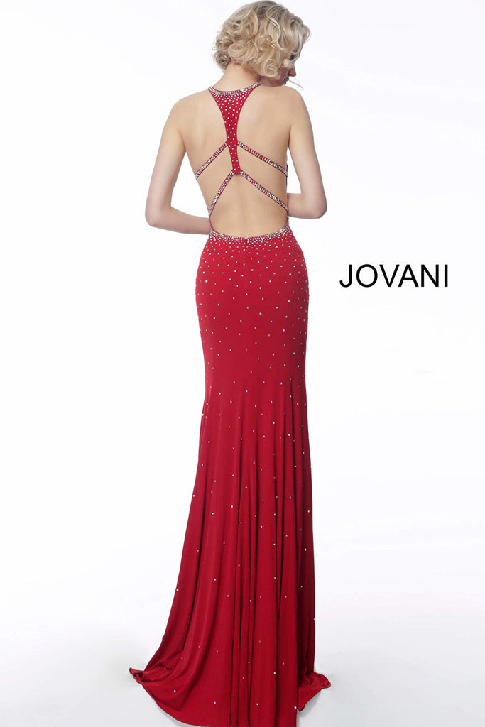 Red racer back beaded dress Jovani 67101