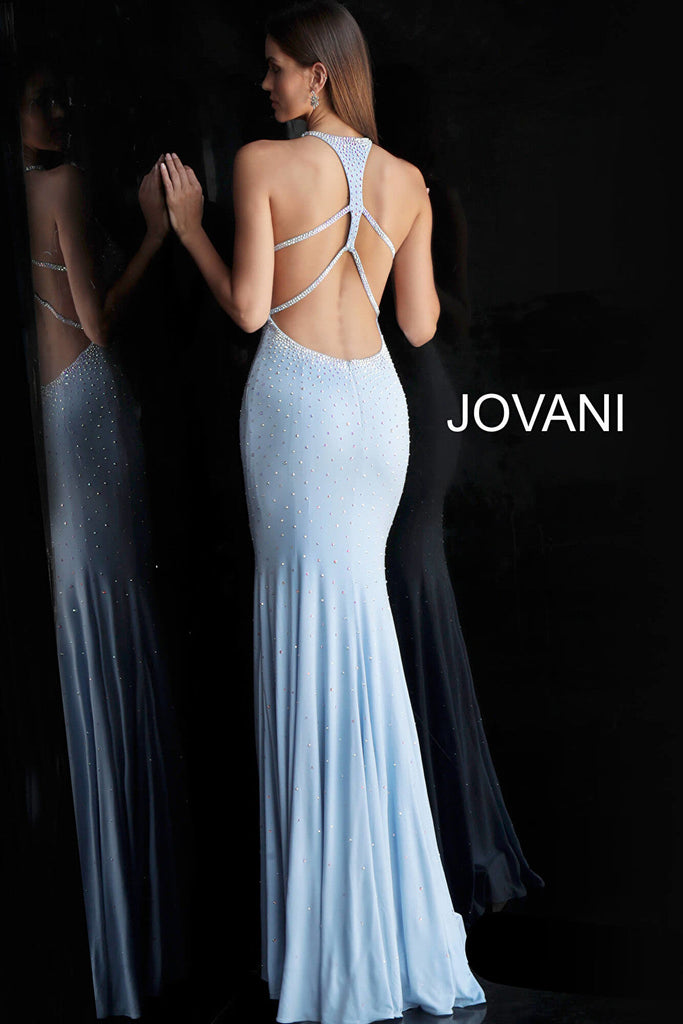 Light blue jersey heat set stones racer back prom dress 67101