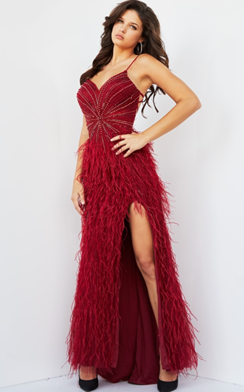 Jovani 08060 Beaded Bodice Feather Skirt Prom Dress – Mario Pucci