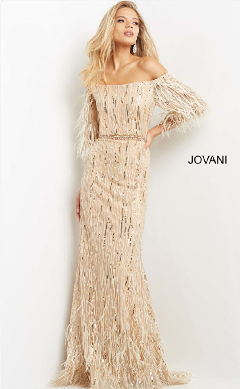 Jovani 07195 Cream Embellished Feather Sleeve Evening Dress