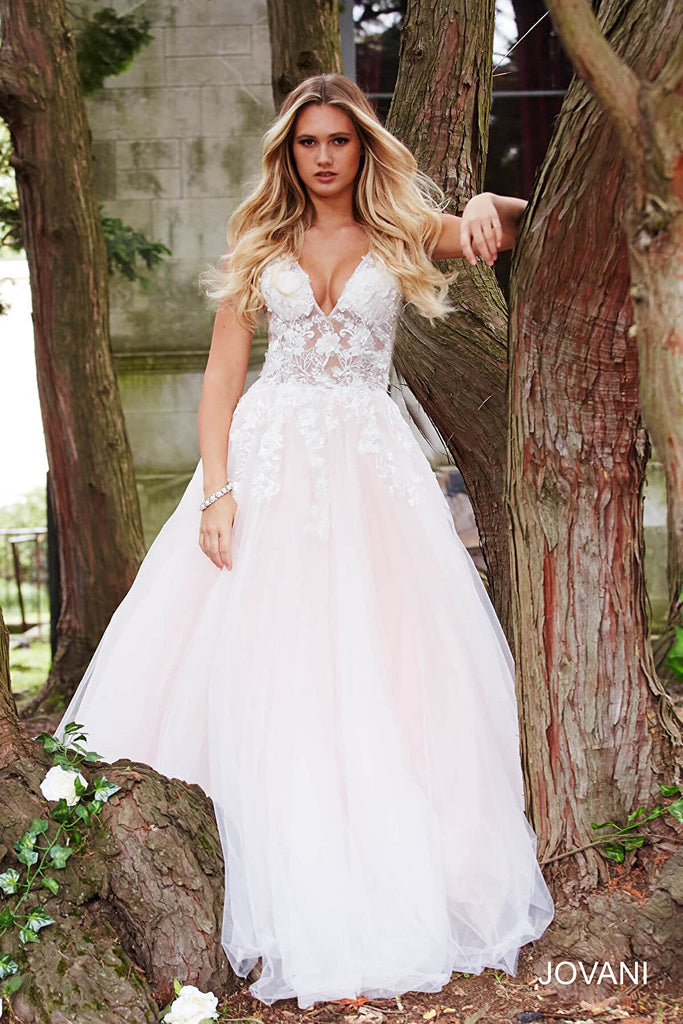 off white blush floral appliques v back long prom dress 55634